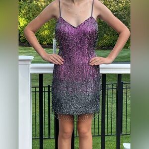 Jovani Pink and Black Fringe Mini Dress